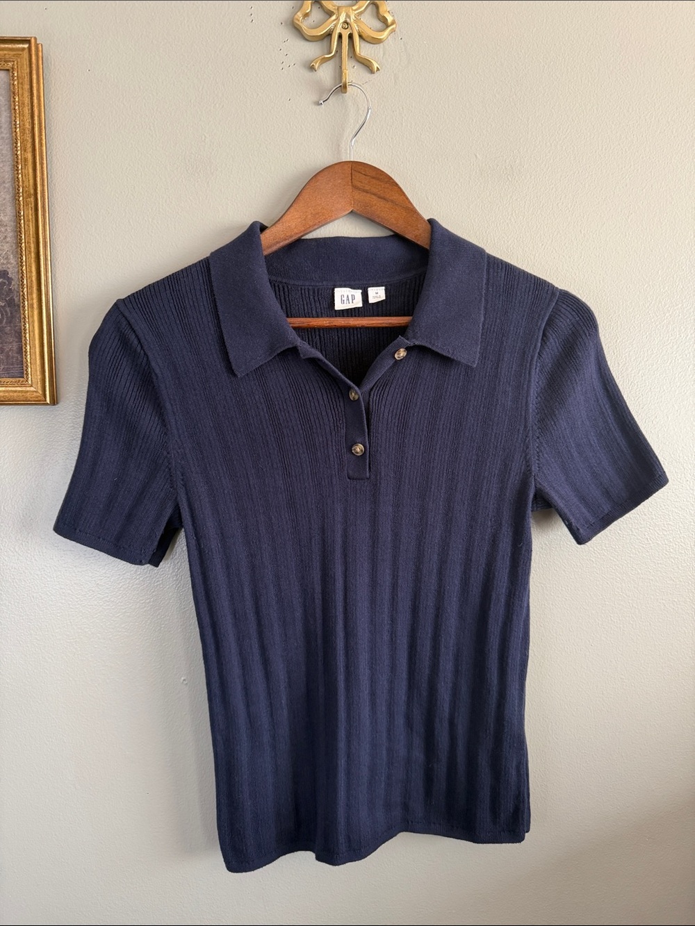 Gap Navy Ribbed Knit Polo Top Medium 100% Cotton Preppy Classic - Picture 5 of 8